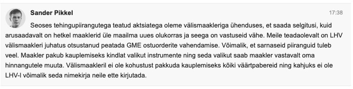 LHV teavitas piirangutest GME aktsiate ostmisel